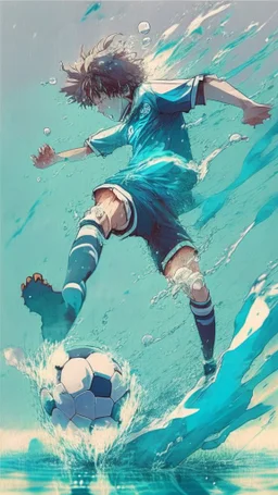 anime soccer player kicking the ball covered in water