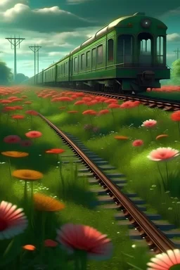 metro on the tracks, surrounded by flowers, on top green grass, matte painting, digital illustration, dreamlike visuals, bright colors, hyperrealism, detailed, high quality, 4k