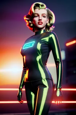 Realistic movie image, retro sci-fi, portrait, blonde action woman, sweet Marylin Monroe face, perfect iris, glow eyes. tight latex tights suit. soft color, highly detailed, unreal engine 5, ray tracing, RTX, lumen lighting, ultra detail, volumetric lighting, 3d, finely drawn, high definition, high resolution.