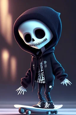 a cute animation boy, skateboarding , trendy hoody, 8 k, tim Burton skeleton style from the movie "night before Xmas", realistic animation, gothic