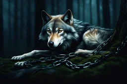 wolf with a chain around its neck laying down, photorealistic, dark fantasy, forest