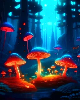 A magical forest with glowing mushrooms and fireflies, Generative AI, 80s retro futuristic sci-fi., nostalgic 90s, vintage illustration, synthwave