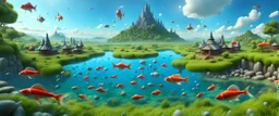 an outdoor surrealist market. A herd of dream-like sky-fish swim high in the far distance, with a beautiful surreal outdoor countryside summer scene with hills, paths, waterfalls, very high detail, photorealistic, epic cinematic, 8K, Large depth of field