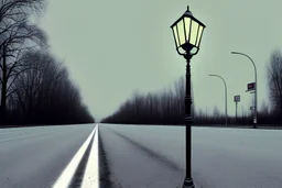 Rainy scenery, night street with dimly lit lamppost, cold color, empty scenery, empty road, rain
