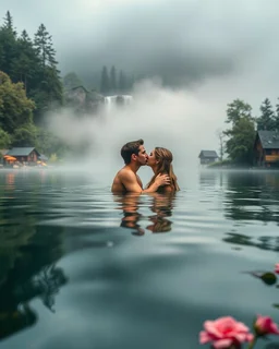 Portrait Romantic couple swimming kissing together in lake Wonderful landscape fantasy early morning heavy fog photography art Rivendell village,lake,magical forest and houses,beautiful mushrooms,roses flowers,little waterfall,lake,close up photo beautiful romance couples on swimming together in lake