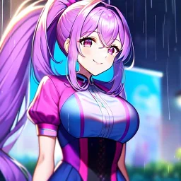 Clear focus, 8k, high quality, detailed, beautiful lighting, girl, vibrant colors, blue long hair, vibrant pink eyes, raining, ponytail, smile,