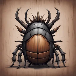 Fealty Beetle with a shell made of brown wood with dark gray spiked towers and trim, in graffiti portrait art style