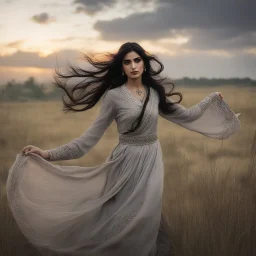 Photographic Long Shot View, Pakistani, Pashto, Cultural, Young, Extremely Beautiful But Sad Woman, Black Hair Whirling, Subtle Sad Expressions, Beautiful Eyes, Beautiful Cloudy Sunset, Wearing Traditional Grey Dress White Embroidery & Black Dupatta, Long Grass Waving From Air, Stressing Vibes, Cinematic & Dramatic Ambiance.