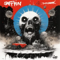 SNFIIN'GLUE album cover by Ralph Steadman for Aardschok(nl) and MetalHammer mag, guest star: Mental Organism Designed Only for Killing!