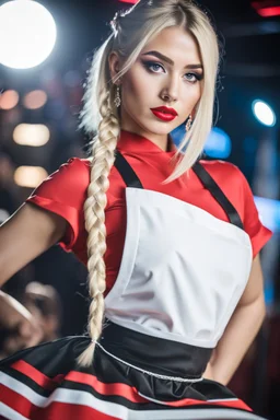 Beautiful girl dancer, blonde hair , bold lipstick, night club stage, braided bangs, braided bobcut, solo, apron,thick thighs, side-tie panties, black hair, 18yo,(on back:1.2) ,red midi dress, portrait