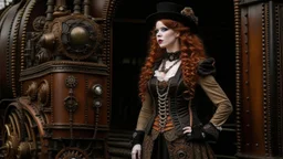 full-length portrait of a pale-faced steampunk woman with auburn wavy shoulder-length hair, with detailed metal arms and legs, dressed like a Victorian, standing beside a steam carriage