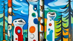 A white puffy sky with flying squirrels designed in pacific Northwest totem poles painted by Alexej von Jawlensky