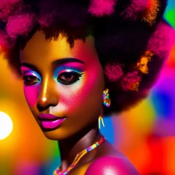 masterpiece, best quality, woman, dark skinned, sparkling eyes, fluorescent skin, colorful makeup, afro, highly detailed body, sun light, 4K, RAW, depth of field, high contrast, realistic details, 24mm