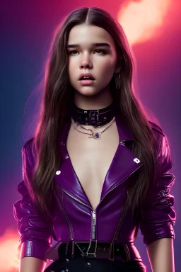 4K Ultra-HD -- Hailee Steinfeld wearing a black leather jacket and a purple halter top --4k Ultra-HD--Hyper realistic--Cinema lighting