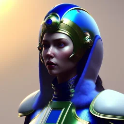 woman, irish, blue, heavily made up face, round helmet, decorative color feathers, retro futuristic, latex coat, soft color, highly detailed, art stations, concept art, smooth, unreal engine 5, god rays, ray tracing, RTX, lumen lighting, ultra detail, volumetric lighting, 3d, finely drawn, high definition, high resolution.