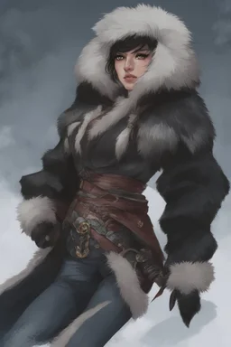 A dnd character sheet. A woman dressed for the cold north dressed in dark furs, with black hair