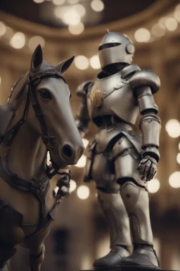 portrait of cute knight chat robot on horse in royal future hall ,shot on Hasselblad h6d-400c, zeiss prime lens, bokeh like f/0.8, tilt-shift lens 8k, high detail, smooth render, down-light, unreal engine, prize winning