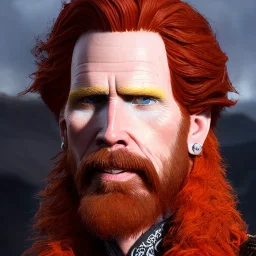 Portrait of courtney gains as a ruggedly handsome but joyful roguish pirate, charismatic, attractive male, masculine, perfect, precisely detailed, lightly freckled face, meticulously detailed multi-hued ginger carrot cherry fire red hair; malachai of the corn; fantasy, intricate, elegant, highly detailed, digital painting, artstation, concept art, matte, sharp focus, illustration, art by artgerm and greg rutkowski and alphonse mucha