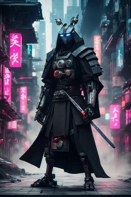 samurai robot in black cloak in a cyberpunk environment