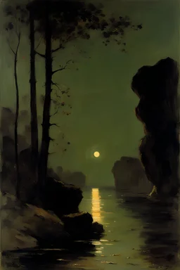 Night, trees, rocks, mountains, ernest welvaert and alfred stevens impressionism paintings