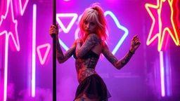 a beauty woman with full body vibrant neon tattooes with ultra white-red hair wearing an short unique dress; looking at camera and dancing on stage, holding one pole. She appears to be a performer, possibly a dancer, preparing to entertain an neon color nonfigurative shapes on walls, vibrant neon shapes, , Psychedelics vibe,, vertical lights, alternative punk-metal style atmospheric, smoke, high detalied, high realistic, photorealist