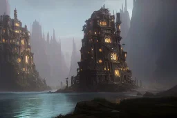 fantasy steampunk cliff palace river seven towers