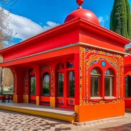 An orangish red spicy noodle restaurant designed in Matryoshka dolls painted by Wassily Kandinsky