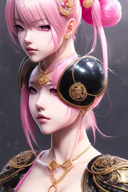 Detailed cute anime Kunoichi girl, pink hair buns, pink bangs, black latex bodysuit, intricate details, full body portrait, keep head in frame, slight smile, black Japanese motif, concept art, highly detailed, digital painting, concept art, sharp focus, illustration, art by Yoji Shinkawa, WLOP and greg rutkowski and alphonse mucha and artgerm and yanjun Chen and Junji ito and Makoto Shinkai, HDR, octane render