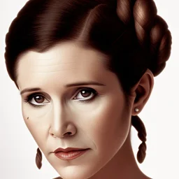 half-length portrait, three-quarter face pose of carrie fisher as Princess Leia with photo realistic fine and very simple short hair, entrancing deep brown eyes, eos5d mark 4, ef 85mm 5.6, Intricate, High Detail, Sharp focus, realism, beautiful and detailed lighting, by Annie Leibovitz