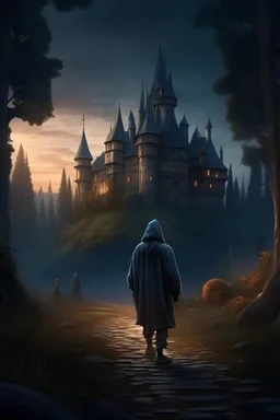 Realistic enchanted, cozy wizard castle, hidden in a forest. At twilight. Home of Merlin. Cloaked, hooded person in the foreground