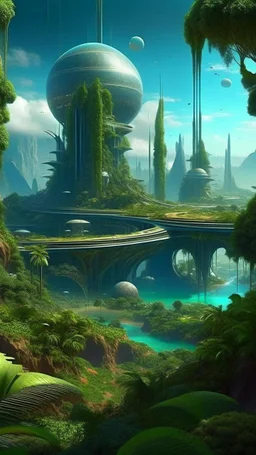 sci fi planet, jungle garden, spire city