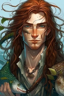 wet pirate nereid male with fish scale skin, freckles and seaweed in long auburn hair