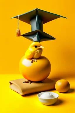 A fluf yellow ball with wings, a pipe, a graduation hat, and a bread.