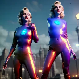 Realistic movie image, retro sci-fi, portrait, blonde action woman, sweet Marylin Monroe face, perfect iris, glow eyes. tight latex tights suit. City, metropolis movie style . epic style, soft color, highly detailed, unreal engine 5, ray tracing, RTX, lumen lighting, ultra detail, volumetric lighting, 3d, finely drawn, high definition, high resolution.