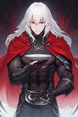 Vampire knight, muscular young man with long white hair, wearing black gothic full plate armor with red cape, cyan eyes