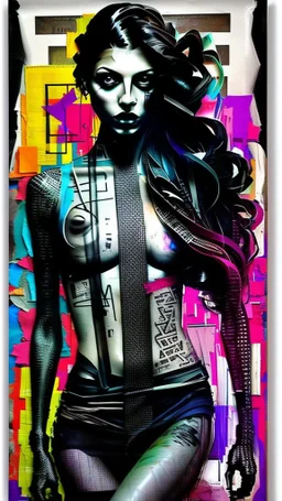 Russ Mills, byroglyphics style art, backdrop, mixed media, broad energetic brushstrokes, palette knife, chaotic collage, cardboard, newspaper, torn paper, gauze, broken glass, graphic image, vibrant natural color, intensely passionate, full body, eerie, slim Goth punk woman with long braided hair of Spanish and Lebanese heritage, beauty in chaos