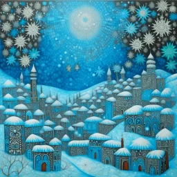 A cyan city in winter season with falling snowflakes designed in Navajo baskets painted by Leonardo da Vinci
