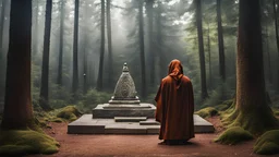 hooded monk before stone altar in the forest