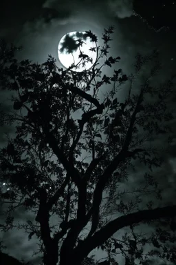 Night, tree leaves, moon, clouds, creepy gothic movies influence, photography