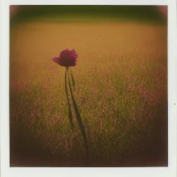 single long stem wildflower in a field, polaroid, symmetry, luminescent glow, moody, tender