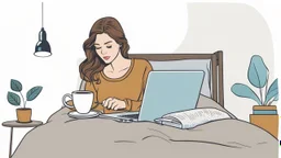 under a bed lies down a woman and working on a laptop, she has half-length brown hair and wearing pajamas , pale light, half socks and a mug of coffee next to her, high detalied, sharp focus, high realistic photo, perfect shot