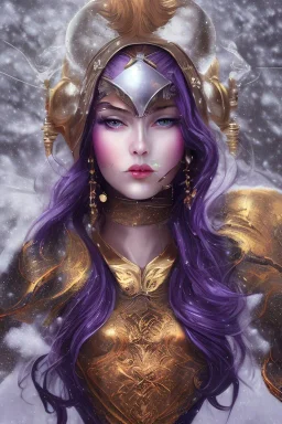 portrait young lady warrior with big bobs black hairs violet Christmas top in the snow and fire