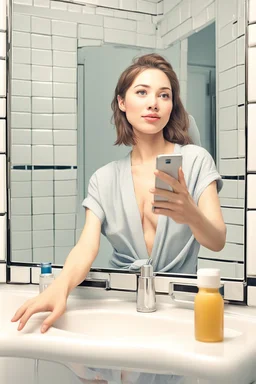 Generate a high-quality lifelike portrait of a {{18,21,25,28,31,34,37}}-year-old female social media inflluencer taking a cellphone selfie in the bathroom mirror. The POV should be from the perspective of the woman taking the selfie. She should have a slender body and be wearing skin-tight and very thig gym clothes. Her long black curly hair should be styled in a whimsical way. The photo should be captured using a 35mm film with a macro shot and shallow depth of field to create a bokeh effect. P