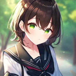 Clear focus, High resolution, short dark brown fluffy hair, green eyes, wearing a black sailor uniform