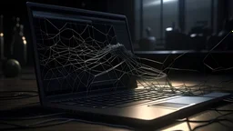 the dangers of the web, laptop, perspective, light, photo realistic, cinematic, 4k, detailed