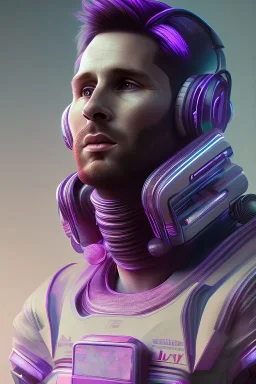 lionel Messi style cyberpunk, purple tones, high lighting