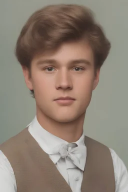 1980's yearbook photo, teenager, Theodore Roosevelt, 14 years old, brown hair, 1980's hairstyle and clothes, photorealistic, --ar 9:16 --style raw