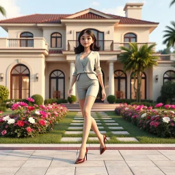 A 3D render of a cute, realistic lovely lady with modern clothing modern high heels is walking in yard of a luxury villa next to flowers. High-quality CGI, octane render, 8k resolution, whimsical, adorable, clean composition. long shot ,4:3