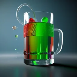 blurred scientist, glass of many coloured liquid with ice cubes, raytraced, volumetric fog