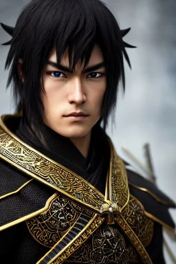 Detailed young samurai elven man, black hair, black leather armor, intricate details, full body portrait, keep head in frame, black Japanese motif, concept art, highly detailed, digital painting, concept art, sharp focus, illustration, HDR, octane render